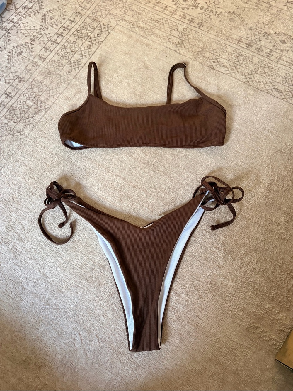 SHEIN Chocolate Brown Ribbed Tie-Side Bikini Set